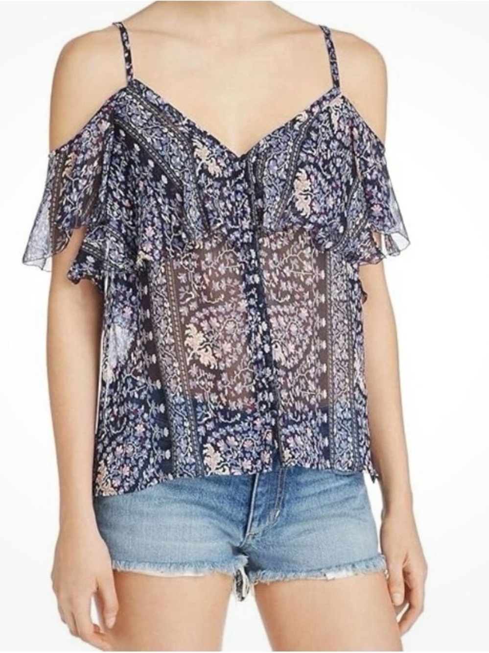 PAIGE Navy Floral Cold-Shoulder, Floral Print, 💯 Silk Ruffle Camisole Size M